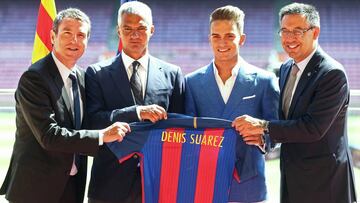 Robert Fern&aacute;ndez, Javier Bordas; Denis Su&aacute;rez, and FC Barcelona president, Josep Maria Bartomeu