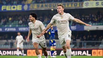 Napoli's Danish forward #19 Rasmus H�jlund celebrates after scoring his team first goal during the Italian Serie A football match between Hellas Verona and Napoli at the Bentegodi Stadium in Verona, northern Italy, on February 28, 2026. (Photo by Piero CRUCIATTI / AFP)