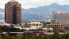 The Las Vegas Monorail displays the Super Bowl LVIII logo in Las Vegas, Nevada.