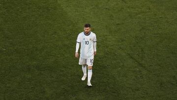 Argentina's Lionel Messi leaves the pitch after receiving the red card during the Copa America third-place soccer match against Chile at the Arena Corinthians in Sao Paulo, Brazil, Saturday, July 6, 2019. (AP Photo/Nelson Antoine)