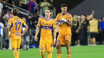 Francisco Sebastian Cordova, Marcelo Flores, Rmulo Zanre of Tigres during the match between Tigres UANL and Los Angeles FC as part of Phase One of the Leagues Cup 2025 at BMO Stadium on August 05, 2024 in Los Angeles, California, United States.