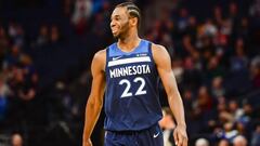 Nov 5, 2017; Minneapolis, MN, USA; Minnesota Timberwolves forward Andrew Wiggins (22) reacts against the Charlotte Hornets during the fourth quarter at Target Center. The Timberwolves won 112-94. Mandatory Credit: Jeffrey Becker-USA TODAY Sports