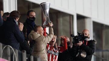 Virginia Torrecilla and Amanda Sampedro of Atletico lift the Super Cup champions trophylament after the Supercopa de Espana Femenina Final match between Club Atletico de Madrid and Levante UD at Municipal de Los Juegos Mediterraneos on January 16, 2021 i