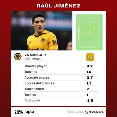 Raúl Jiménez quiet for Wolves in Manchester City loss