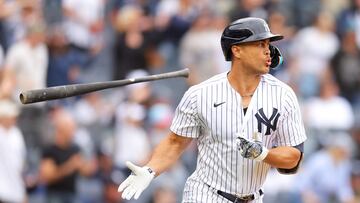 NEW YORK, NEW YORK - APRIL 15: Giancarlo Stanton #27 of the New York Yankees hits a two-run double in the seventh inning against the Minnesota Twins at Yankee Stadium on April 15, 2023 in Bronx, New York City. All players are wearing the number 42 in honor of Jackie Robinson Day.   Mike Stobe/Getty Images/AFP (Photo by Mike Stobe / GETTY IMAGES NORTH AMERICA / Getty Images via AFP)