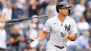 NEW YORK, NEW YORK - APRIL 15: Giancarlo Stanton #27 of the New York Yankees hits a two-run double in the seventh inning against the Minnesota Twins at Yankee Stadium on April 15, 2023 in Bronx, New York City. All players are wearing the number 42 in honor of Jackie Robinson Day.   Mike Stobe/Getty Images/AFP (Photo by Mike Stobe / GETTY IMAGES NORTH AMERICA / Getty Images via AFP)