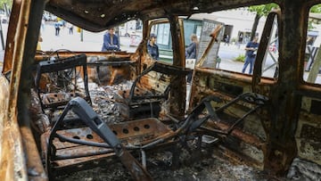BERLIN, GERMANY - AUGUST 23: A vehicle that burned down after being shot by Russian troops, in which four people lost their lives during the Russia-Ukraine war in the city of Bucha, is on display in Berlin, Germany on August 23, 2022. (Photo by Omer Sercan Karkus/Anadolu Agency via Getty Images)