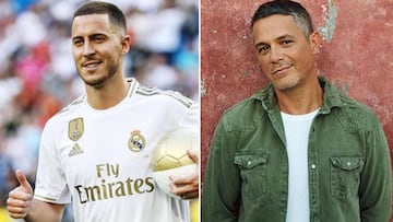 Imágenes del futbolista belga Eden Harzard en su presentación con el Real Madrid y del cantante Alejandro Sanz.