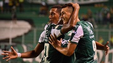 Jugadores del Deportivo Cali celebrando un gol ante Deportes Tolima por la Liga Águila I-2019.