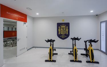 La entrada a la sala de fisioterapia con el escudo de España.