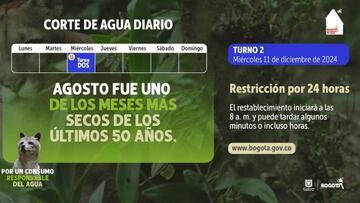 Para este miércoles 11 de diciembre, corresponde el turno número 2 de racionamiento de Bogotá que afectará a dos localidades. Foto: Alcaldía de Bogotá.