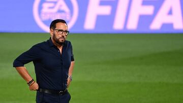 Getafe's Spanish coach Jose Bordalas reacts during the Spanish league football match Real Madrid CF against Getafe CF at the Alfredo di Stefano stadium in Valdebebas, on the outskirts of Madrid, on July 2, 2020. (Photo by GABRIEL BOUYS / AFP)