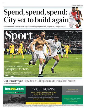 The Daily Telegraph (Reino Unido): "Evasi¨®n o victoria. Cristiano rescata con un penalti tard¨ªo despu¨¦s de que la Juventus dejara estupefacto al gigante espa?ol empatando la eliminatoria".