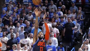 Apr 9, 2019; Oklahoma City, OK, USA; Oklahoma City Thunder forward Paul George (13) shoots a three pointer go-ahead basket during the second half at Chesapeake Energy Arena. Oklahoma City won 112-111. Mandatory Credit: Alonzo Adams-USA TODAY Sports