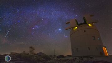 Gem&iacute;nidas sobre el Observatorio del Teide la noche del 14 de diciembre de 2012. En primer plano se muestra el Telescopio OGS (ESA). Centrada en la imagen la constelaci&oacute;n de Ori&oacute;n y el objeto m&aacute;s brillante es el Planeta J&uacute