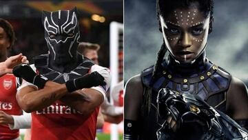 Pierre-Emerick Aubameyang celebrando un gol con el Arsenal con la m&aacute;scara de Black Panther y de la actriz Leticia Wright en el papel de la superhero&iacute;na Shuri que encarna en esta y otras pel&iacute;culas del Universo Marvel