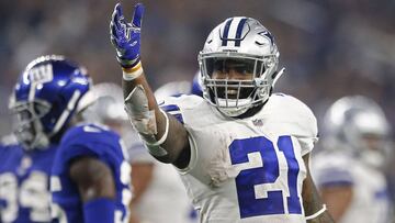 LWS126. Arlington (United States), 16/09/2018.- Dallas Cowboys player Ezekiel Elliott celebrates a first down against the New York Giants in the second half of their game at AT&T Stadium in Arlington, Texas, USA, 16 September 2018. (Estados Unidos, Nueva York) EFE/EPA/LARRY W. SMITH