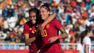 Spain's forward Jenni Hermoso (R) celebrates scoring a goal with Spain's forward Salma Paralluelo during the women's international friendly football match between Spain and Norway at the Can Misses stadium in Ibiza on April 6, 2023. (Photo by JAIME REINA / AFP) (Photo by JAIME REINA/AFP via Getty Images)