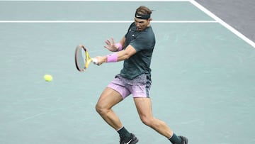 PARIS, FRANCE - NOVEMBER 6: Rafael Nadal of Spain in action against Pablo Carreno Busta of Spain during day 5 of the Rolex Paris Masters, an ATP Masters 1000 tournament held behind closed doors at AccorHotels Arena formerly known as Paris Bercy on November 6, 2020 in Paris, France. (Photo by Jean Catuffe/Getty Images)