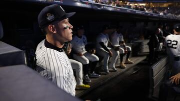 NEW YORK, NEW YORK - OCTOBER 30: Aaron Judge #99 of the New York Yankees looks out from the dugout prior to Game Five of the 2024 World Series against the Los Angeles Dodgers at Yankee Stadium on October 30, 2024 in the Bronx borough of New York City. Elsa/Getty Images/AFP (Photo by ELSA / GETTY IMAGES NORTH AMERICA / Getty Images via AFP)
