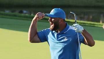 Golf - The 2023 Ryder Cup - Marco Simone Golf & Country Club, Rome, Italy - September 29, 2023 Team Europe's Jon Rahm celebrates after chipping in on the 16th to win the hole during the Four-Balls REUTERS/Phil Noble