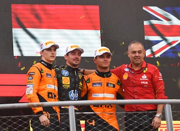 Oscar Piastri (McLaren), Charles Leclerc (Ferrari), Lando Norris (McLaren) y Diego Ioverno (Ferrari). Monza, Italia. F1 2024.