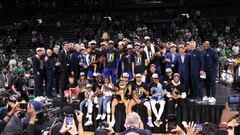 BOSTON, MA - JUNE 16: The Golden State Warriors pose for a photo with The Larry OBrien Trophy and The Bill Russell NBA Finals MVP Award after Game Six of the 2022 NBA Finals on June 16, 2022 at TD Garden in Boston, Massachusetts. NOTE TO USER: User expressly acknowledges and agrees that, by downloading and or using this photograph, user is consenting to the terms and conditions of Getty Images License Agreement. Mandatory Copyright Notice: Copyright 2022 NBAE (Photo by Joe Murphy/NBAE via Getty Images)