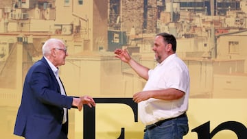 B-100 BARCELONA 28/5/2022.- El presidente de Esquerra Republicana de Catalunya (ERC), Oriol Junqueras, durante el acto de proclamación de Ernest Maragall como candidato del partido republicano a la alcaldía de Barcelona celebrado este mediodía en el recinto ferial de Barcelona. EFE/ Andreu Dalmau
