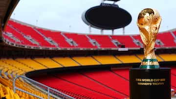 KANSAS CITY, KANSAS - AUGUST 5: FIFA World Cup trophy is displayed at Arrowhead Stadium on August 5, 2024 in Kansas City, Kansas. (Photo by Kyle Rivas/FIFA via Getty Images)