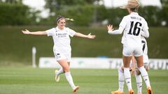 Teresa Abelleira celebra uno de sus dos goles en el Real Madrid - Madrid CFF.