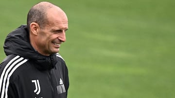 Juventus' coach Massimiliano Allegri from Italy leads his team's training session on the eve of their UEFA Champions League round of 16 second league football match against Villarreal at the Continassa training ground in Turin on March 15, 2022.