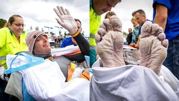 El nadador holand&eacute;s Maarten Van der Weijden saluda tras poner fin a su reto de nadar 200 kil&oacute;metros por aguas abiertas por razones de salud. La imagen de sus pies arrugados tras casi dos d&iacute;as en el agua ya ha dado la vuelta al mundo.