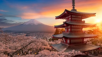 Beautiful view of mountain Fuji and Chureito pagoda at sunset, japan in the spring with cherry blossoms, Fujiyoshida, Japan  