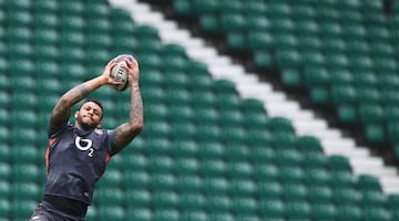 England's Courtney Lawes attends a training session at Twickenham stadium in southwest London on March 10, 2017. England will play Scotland for the Calcutta Cup in their Six Nations international rugby union match on March 11, 2017.