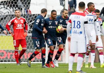 Olympique Lyonnais vs Dijon - Groupama Stadium, Lyon, France - April 6, 2019 Dijon's Wesley Said celebrates scoring their first goal with team mates