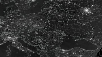 A greyscale satellite image indicating the night radiance of Europe from space on November 23, 2022, in this handout image obtained by Reuters on November 24, 2022. NASA WORLDVIEW/Handout via REUTERS THIS IMAGE HAS BEEN SUPPLIED BY A THIRD PARTY. MANDATORY CREDIT. IMAGES HAVE BEEN ENHANCED AND GREYSCALED AT THE SOURCE TO DISPLAY RADIANCE.