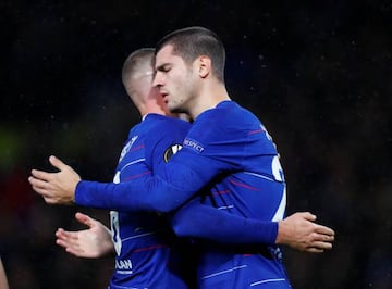 Chelsea's Álvaro Morata celebrates with Ross Barkley after scoring their fourth goal against PAOK.