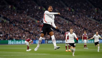Frankfurt's German midfielder Ansgar Knauff celebrates scoring the opening goal during the UEFA Europa League semi-final first leg football match between West Ham United and Eintracht Frankfurt, at the London Stadium in east London, on April 28, 2022