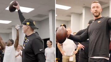 Commanders locker room erupts as Dan Quinn surprises OC Kliff Kingsbury with game ball