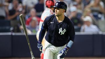 Mar 14, 2025; Tampa, Florida, USA; New York Yankees catcher J.C. Escarra (79) flips his bat after hitting a home run against the Philadelphia Phillies in the eighth inning during spring training at George M. Steinbrenner Field. Mandatory Credit: Nathan Ray Seebeck-Imagn Images