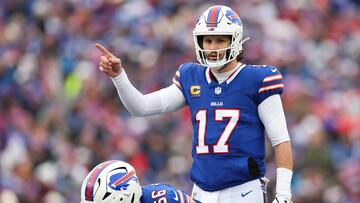 ORCHARD PARK, NEW YORK - JANUARY 12: Josh Allen #17 of the Buffalo Bills looks on at the line of scrimmage against the Denver Broncos in the second quarter during the AFC Wild Card Playoffs at Highmark Stadium on January 12, 2025 in Orchard Park, New York. Elsa/Getty Images/AFP (Photo by ELSA / GETTY IMAGES NORTH AMERICA / Getty Images via AFP)