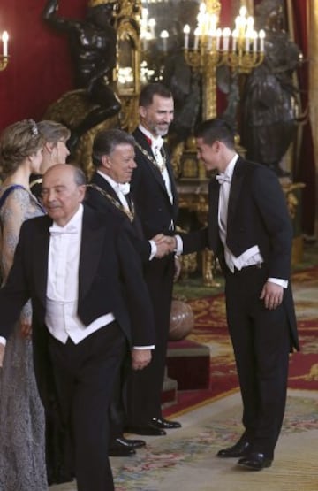 GRA494. MADRID, 02/03/2015.- El presidente de Colombia, Juan Manuel Santos (3i), junto a su esposa, María Clemencia Rodríguez (2i), y los Reyes Felipe VI y Letizia, saluda al jugador colombiano del Real Madrid James Rodríguez (d), momentos antes de la cena de gala que los Reyes les han ofrecido hoy en el Palacio Real con motivo de su visita de Estado a España de tres días. EFE/Alberto Martín