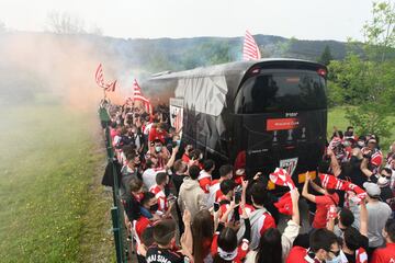 Athletic Club fans gather to wave the team bus off from Bilbao as it travels down to Seville for the Copa del Rey final.