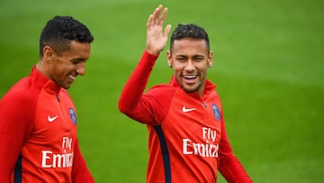 Marquinhos y Neymar en un entrenamiento del PSG