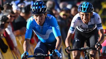 Nairo Quintana y Egan Bernal ruedan durante la París-Niza 2019 en la llegada al Col de Turini.