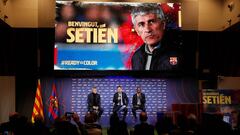 Quique Seti&eacute;n, Bartomeu y Abidal, el d&iacute;a de la presentaci&oacute;n del t&eacute;cnico.