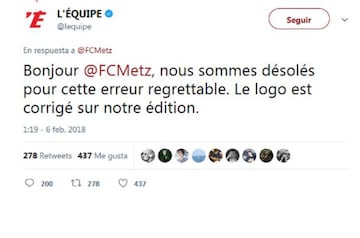 Tweet contestación de L'Equipe al Metz.