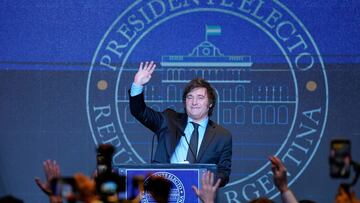 Presidential candidate of the Liberty Advances coalition Javier Milei waves during his victory speech after winning the presidential runoff election in Buenos Aires, Argentina, Sunday, Nov. 19, 2023. (AP Photo/Natacha Pisarenko)