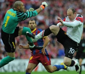 Hasta el momento, la última Champions que ha ganado el Barcelona fue el 28 de mayo de 2011, también ante el Manchester United.
Rooney y Valdés.  