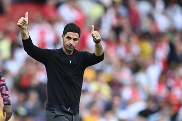 Arsenal's Spanish manager Mikel Arteta reacts at the final whistle during the English Premier League football match between Arsenal and Norwich City at the Emirates Stadium in London